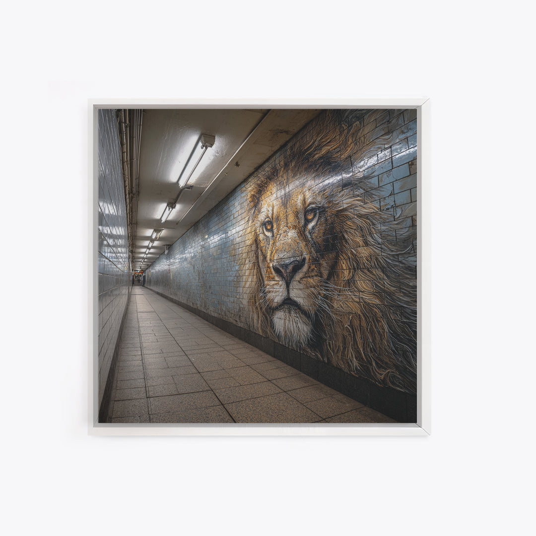 Majestic Lion Mural In Subway Tunnel Wall Art, Urban Street Art Print, Animal Wall Decor, Masculine Office Decor Gift Idea
