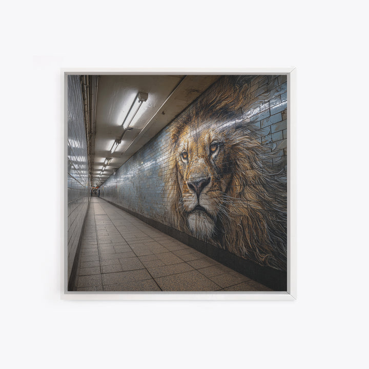 Majestic Lion Mural In Subway Tunnel Wall Art, Urban Street Art Print, Animal Wall Decor, Masculine Office Decor Gift Idea