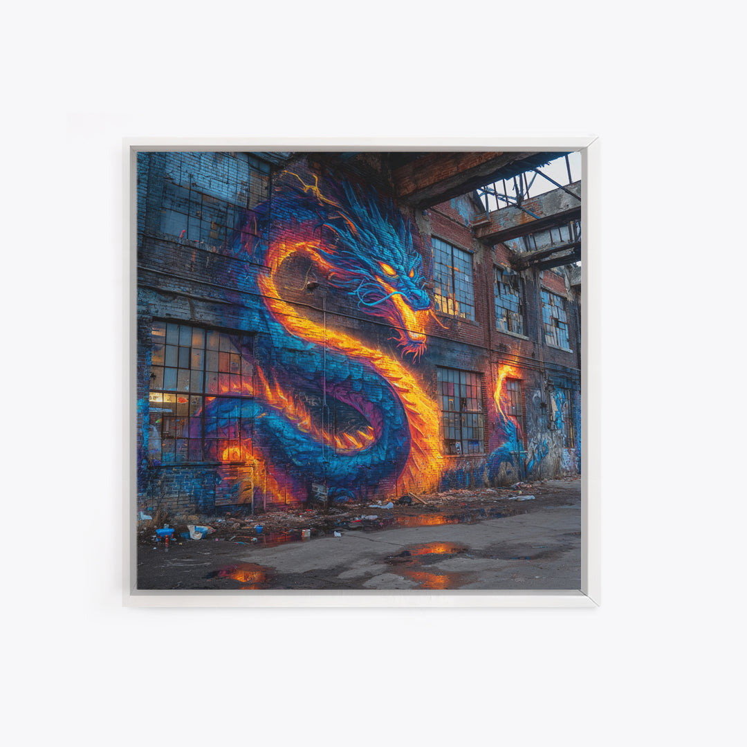 Neon Dragon Graffiti On Abandoned Brick Wall Art, Cyberpunk Street Art Canvas Print, Bold Urban Home Decor Gift For Gamer Room