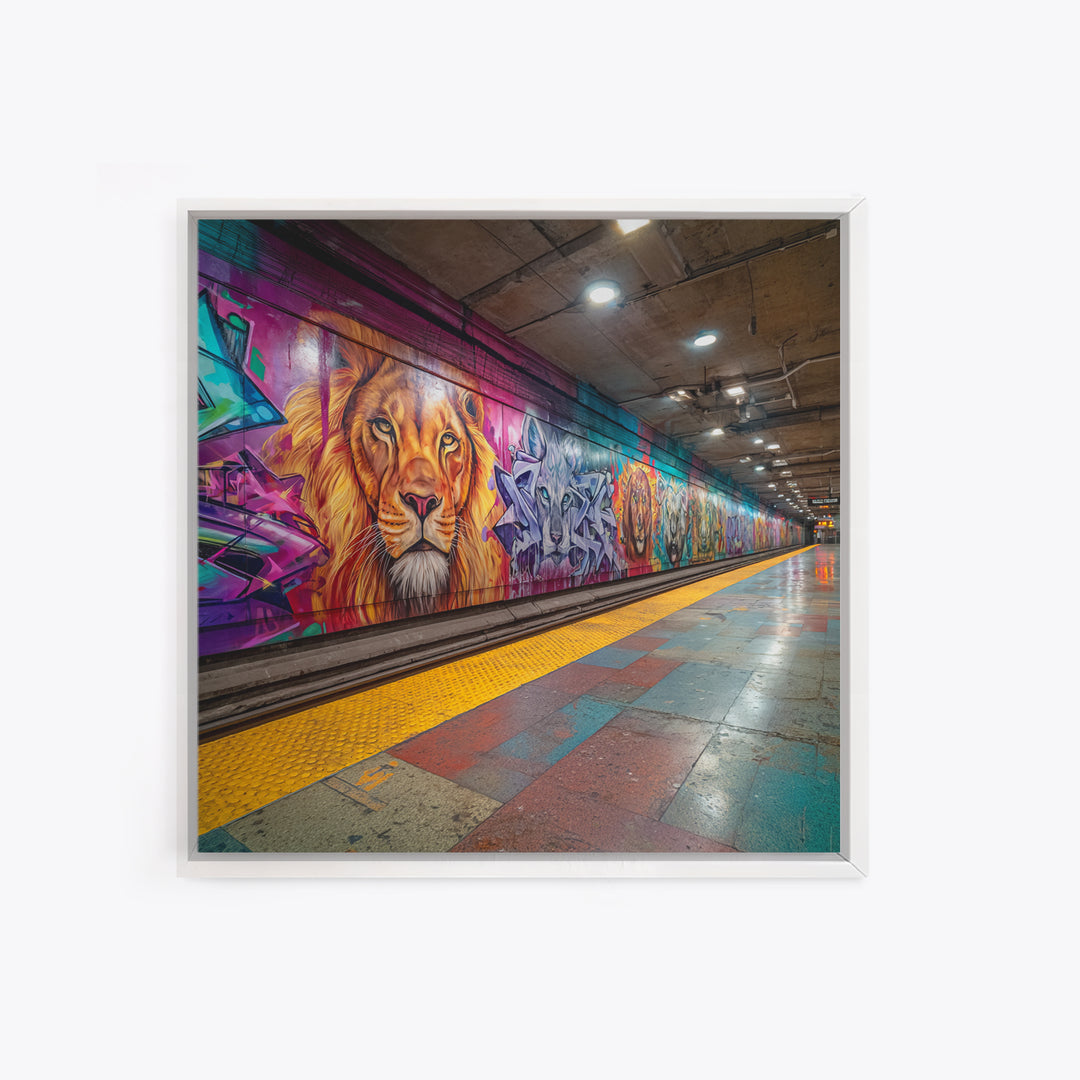 Vivid Lion Graffiti Subway Platform Canvas Print, Urban Street Art For Gaming Room Decor And Bold Modern Home Decor Wall Decor