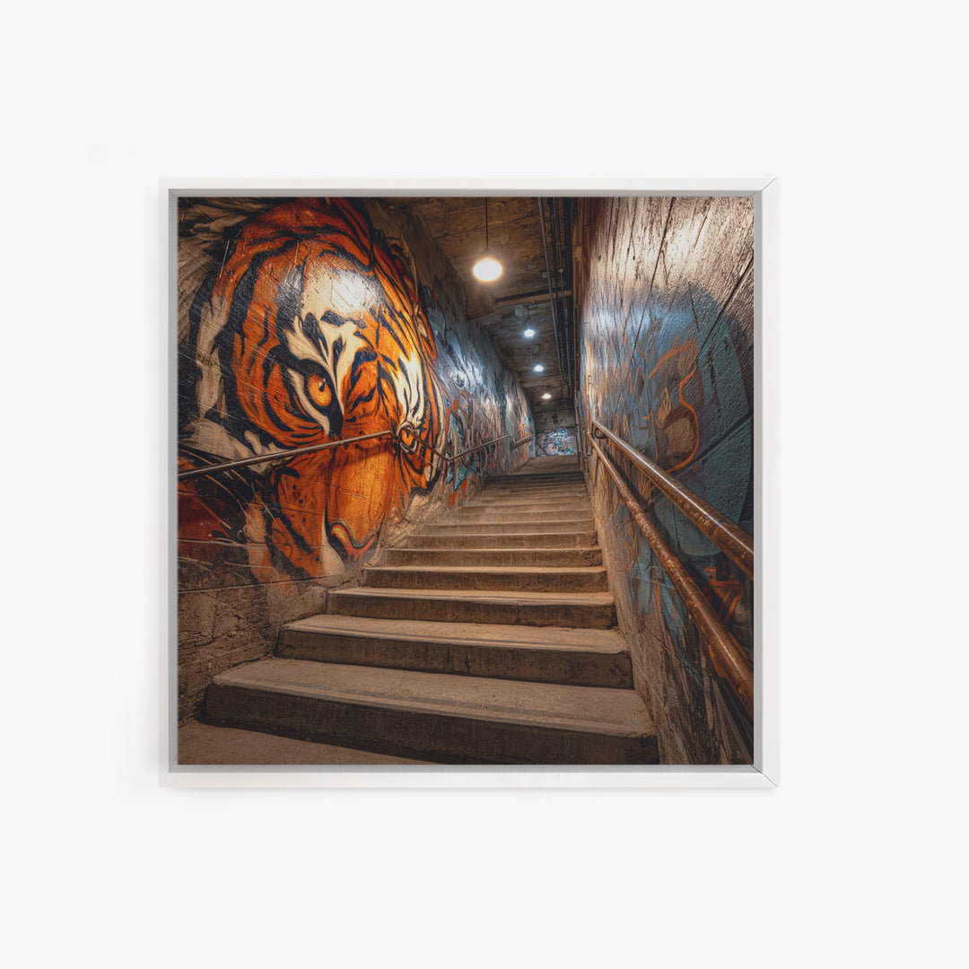 Roaring Tiger Graffiti Stairwell Wall Art, Urban Street Art Print, Industrial Decor, Bold Animal Wall Decor, Modern Home Decor