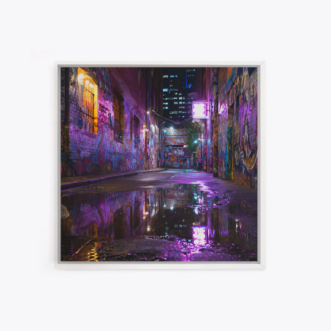 Neon Graffiti Alley Reflections Wall Art, Urban Street Canvas Print, City Night Decor, Edgy Contemporary Office Art Gift