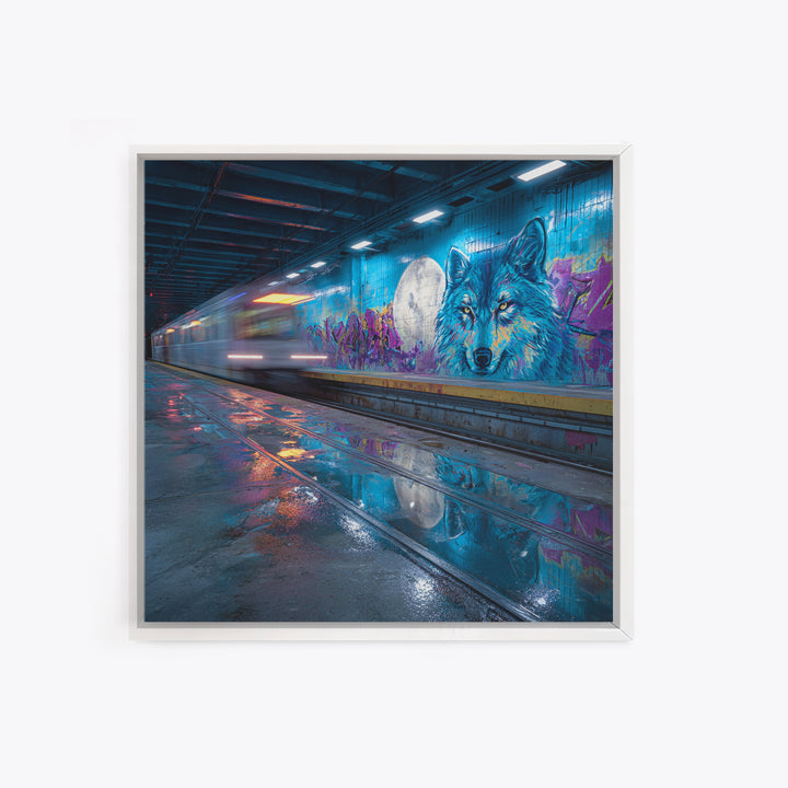 Neon Subway Wolf Graffiti Wall Art, Urban Street Art Canvas Print, Cyberpunk Decor, Gaming Room Poster, Gift For Him, Modern Wall Decor
