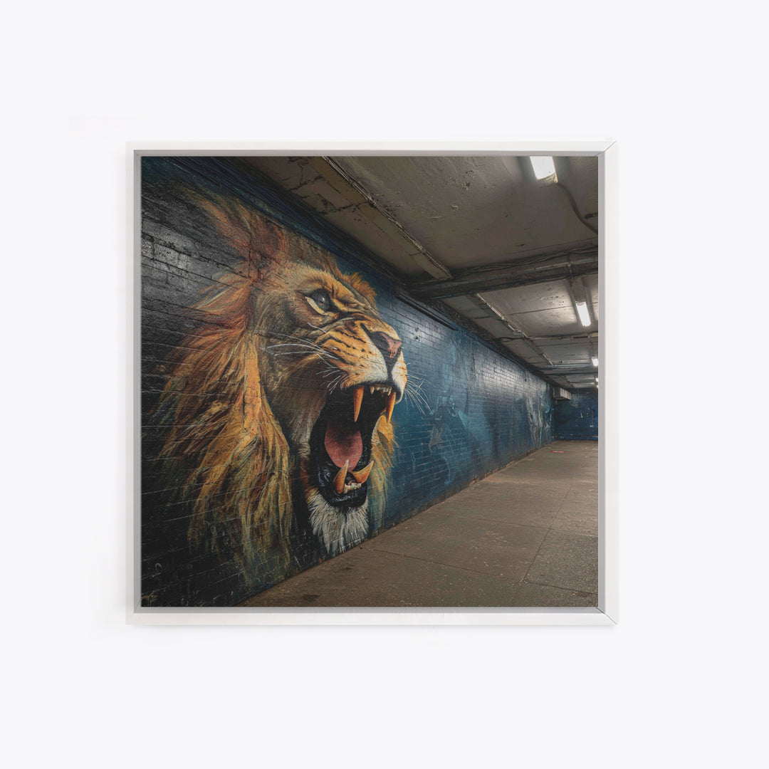 Roaring Lion Subway Mural Wall Art, Urban Graffiti Canvas, Big Cat Street Art Print, Bold Industrial Living Room Decor Gift