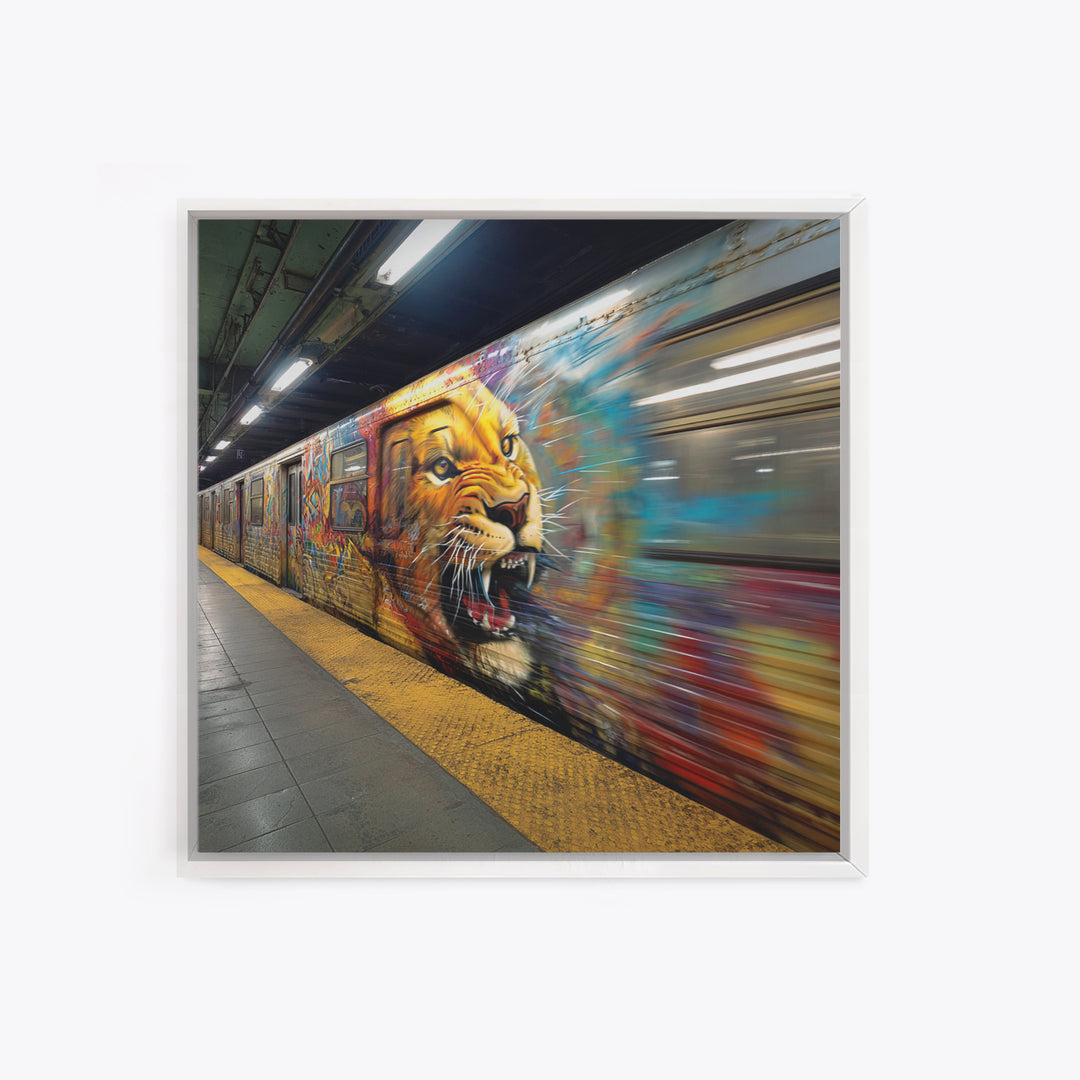Roaring Lion Subway Train Canvas Print, Motion Blur Graffiti Wall Art, Big Cat Urban Street Decor For Modern Home Decor Gift