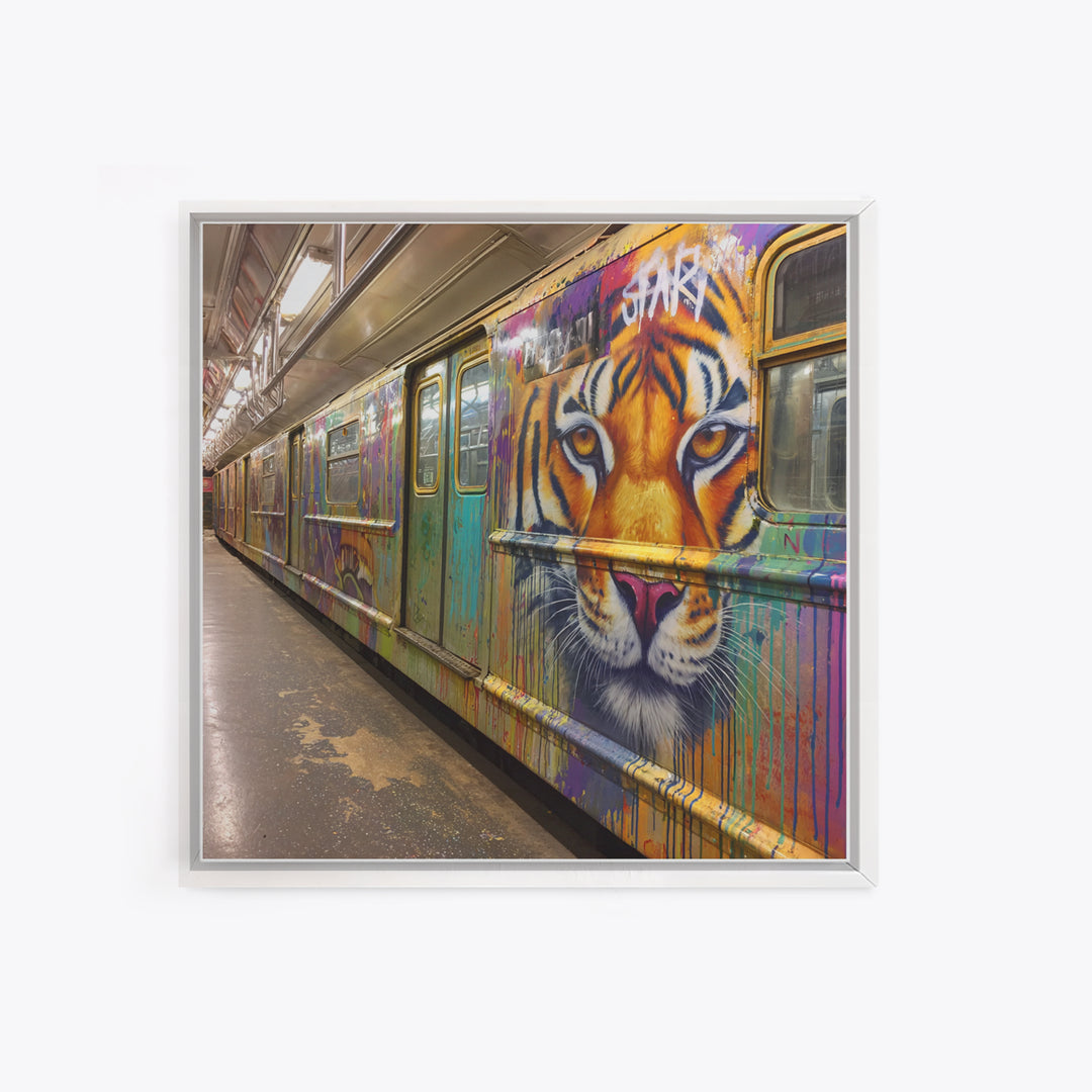 Tiger Face Graffiti Subway Train Canvas Print, Bold Urban Street Art For Maximalist Decor And Modern Wall Decor Gift Idea