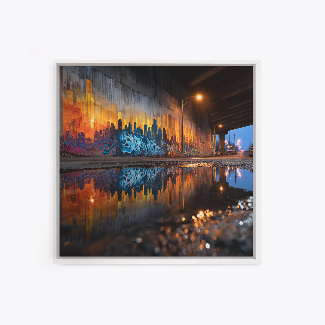 Urban Graffiti Underpass Wall Art, City Skyline Reflection, Street Art Print, Industrial Decor, Modern Office Wall Decor