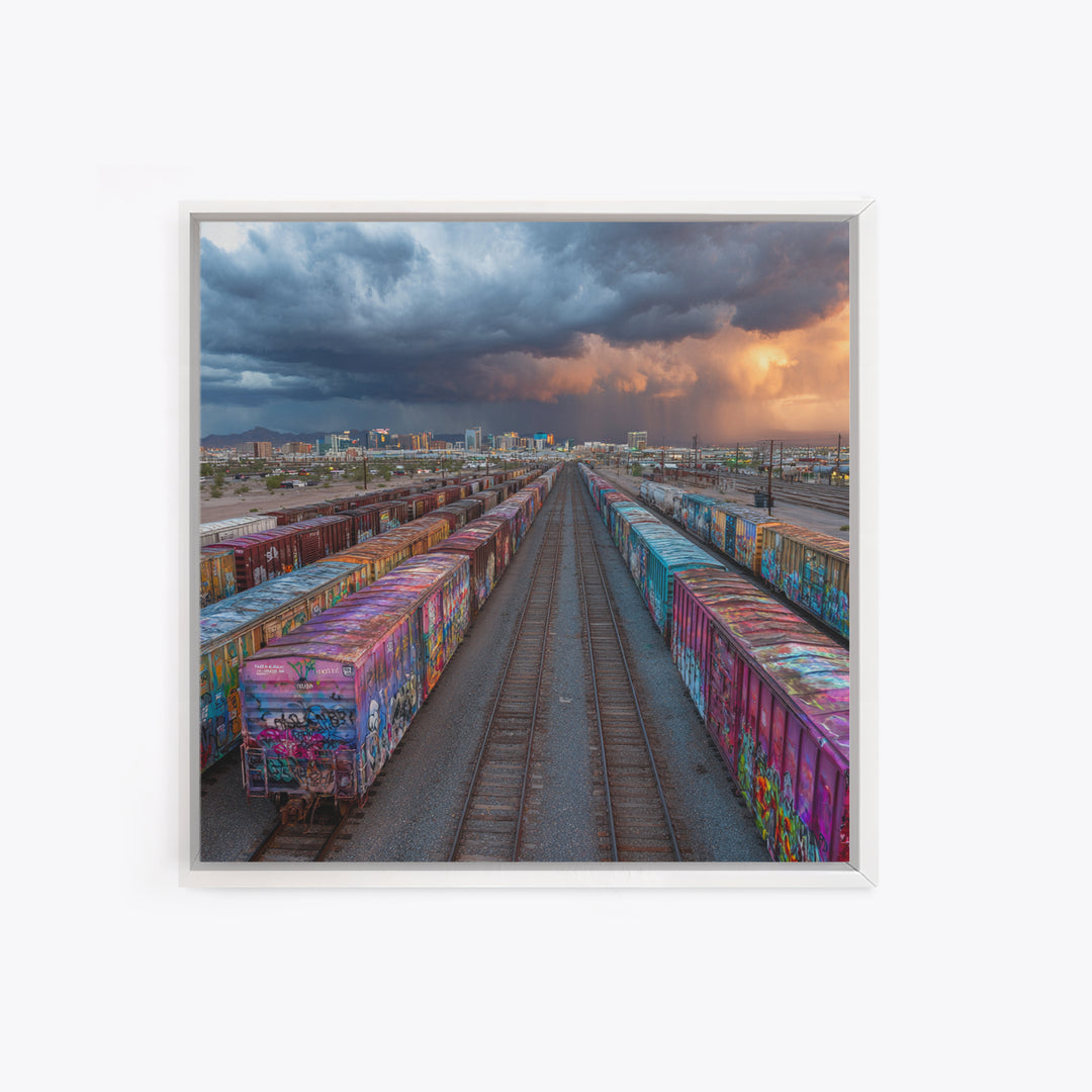 Graffiti Freight Train Yard Wall Art, Urban Street Art Canvas Print, Modern Industrial City Decor, Colorful Office Wall Art