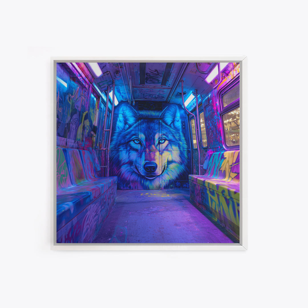Neon Blue Wolf Subway Canvas Print, Cyberpunk Graffiti Animal Wall Decor, Urban Street Art, Gamer Room Statement Art Gift