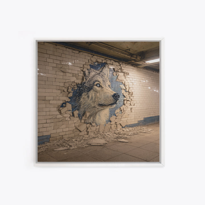 Wolf Mural Bursting Through Subway Tile Wall Art, Urban Animal Canvas Print, Street Art Decor For Modern Office Wall Decor Gift