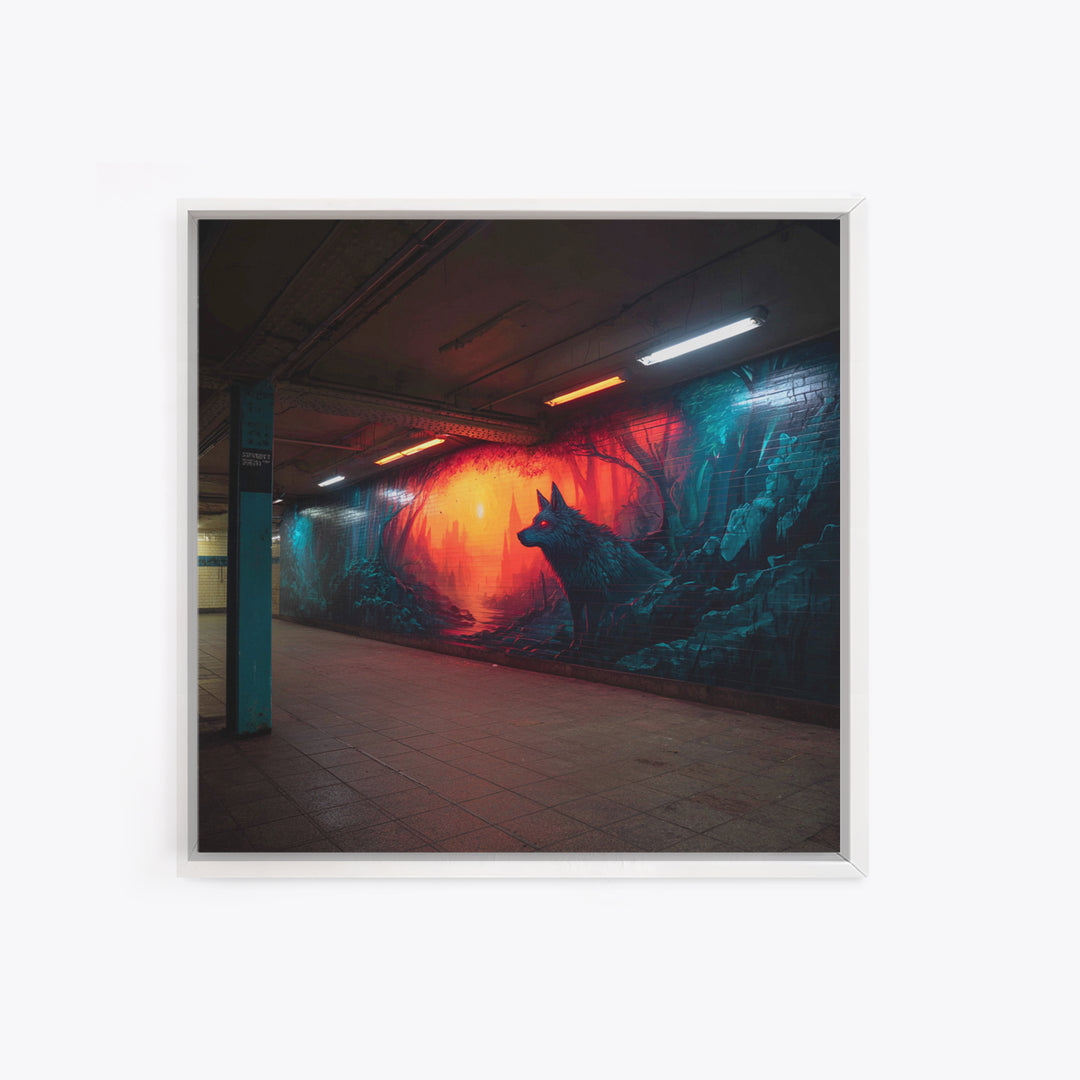 Neon Wolf Subway Mural Wall Art, Urban Graffiti Canvas Print, Cyberpunk Street Decor, Moody Animal Art For Home Office Gift