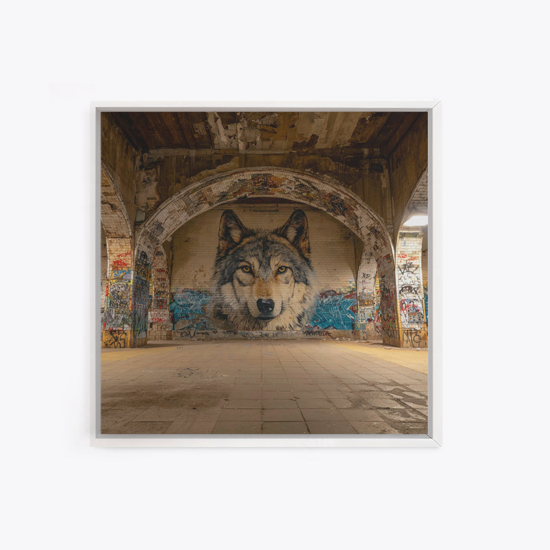 Realistic Wolf Mural In Abandoned Archway Framed Canvas Print, Urban Street Art, Animal Wall Decor, Moody Office Decor, Home Decor