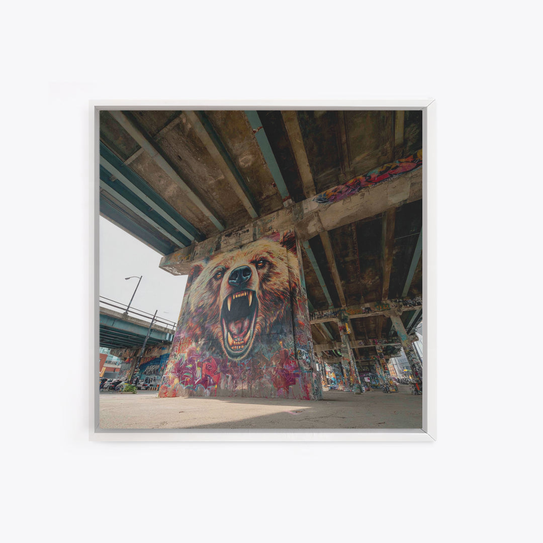 Roaring Bear Graffiti Underpass Wall Art, Urban Street Art Canvas Print, Wildlife Mural Decor, Man Cave Industrial Loft Home Decor
