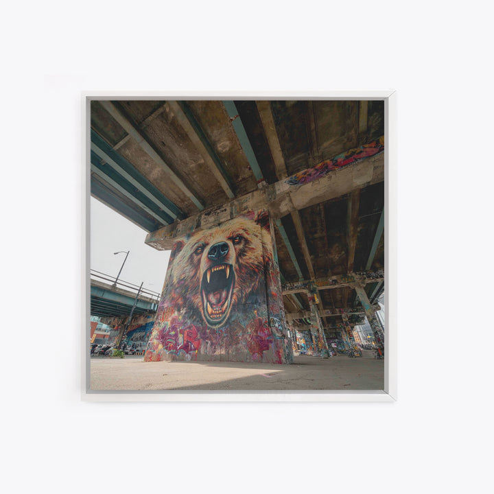Roaring Bear Graffiti Underpass Wall Art, Urban Street Art Canvas Print, Wildlife Mural Decor, Man Cave Industrial Loft Home Decor