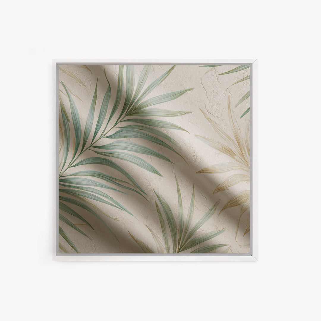 Tropical Palm Leaf Wall Art, Soft Green Beige Canvas Print, Coastal Botanical Decor, Boho Spa Bathroom Wall Decor For Relaxing Home Decor