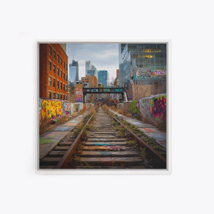 Abandoned Graffiti Railway Through City Wall Art, Urban Landscape Photography For Loft Decor And Modern Office Wall Decor