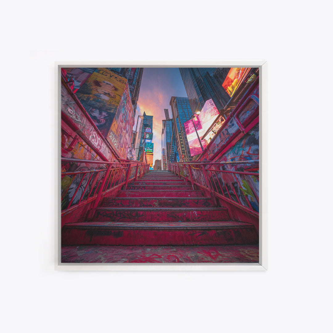Neon City Stairway At Sunset Wall Art, Urban Graffiti, Times Square Travel Poster, Colorful Modern Canvas Print Home Decor