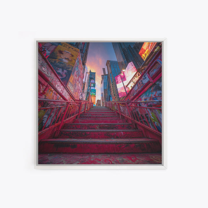 Neon City Stairway At Sunset Wall Art, Urban Graffiti, Times Square Travel Poster, Colorful Modern Canvas Print Home Decor