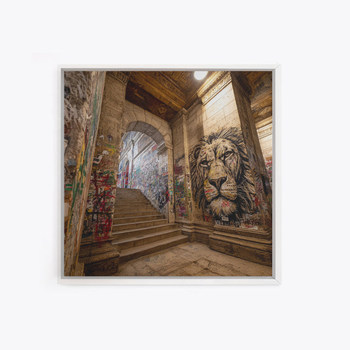 Urban Lion Mural Stairway Wall Art, Graffiti Street Art Canvas Print, City Decor, Bold Contemporary Modern Office Wall Decor