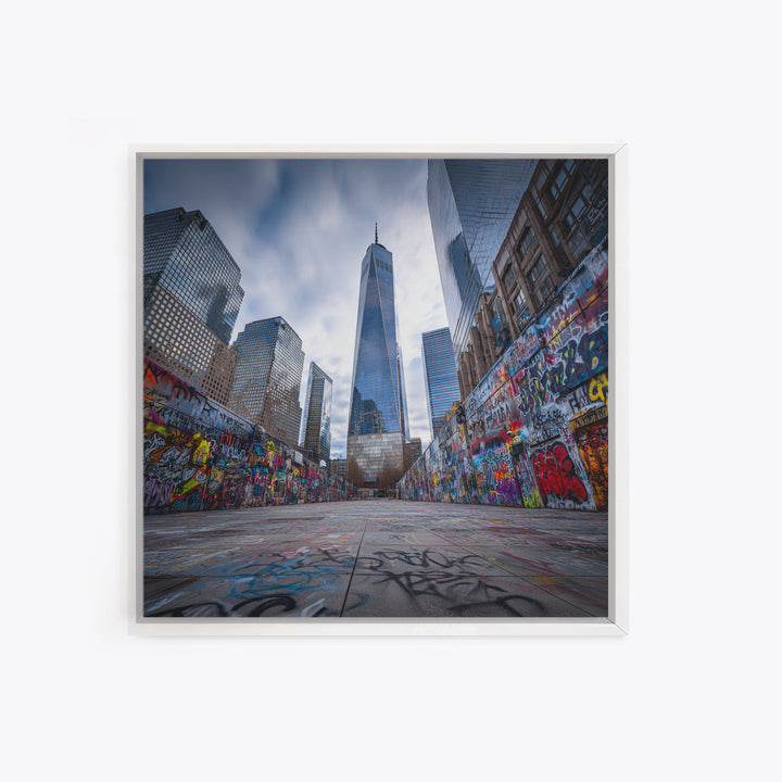 One World Trade Graffiti Courtyard Wall Art, Urban Cityscape Canvas Print, NYC Street Art Decor For Office And Apartment