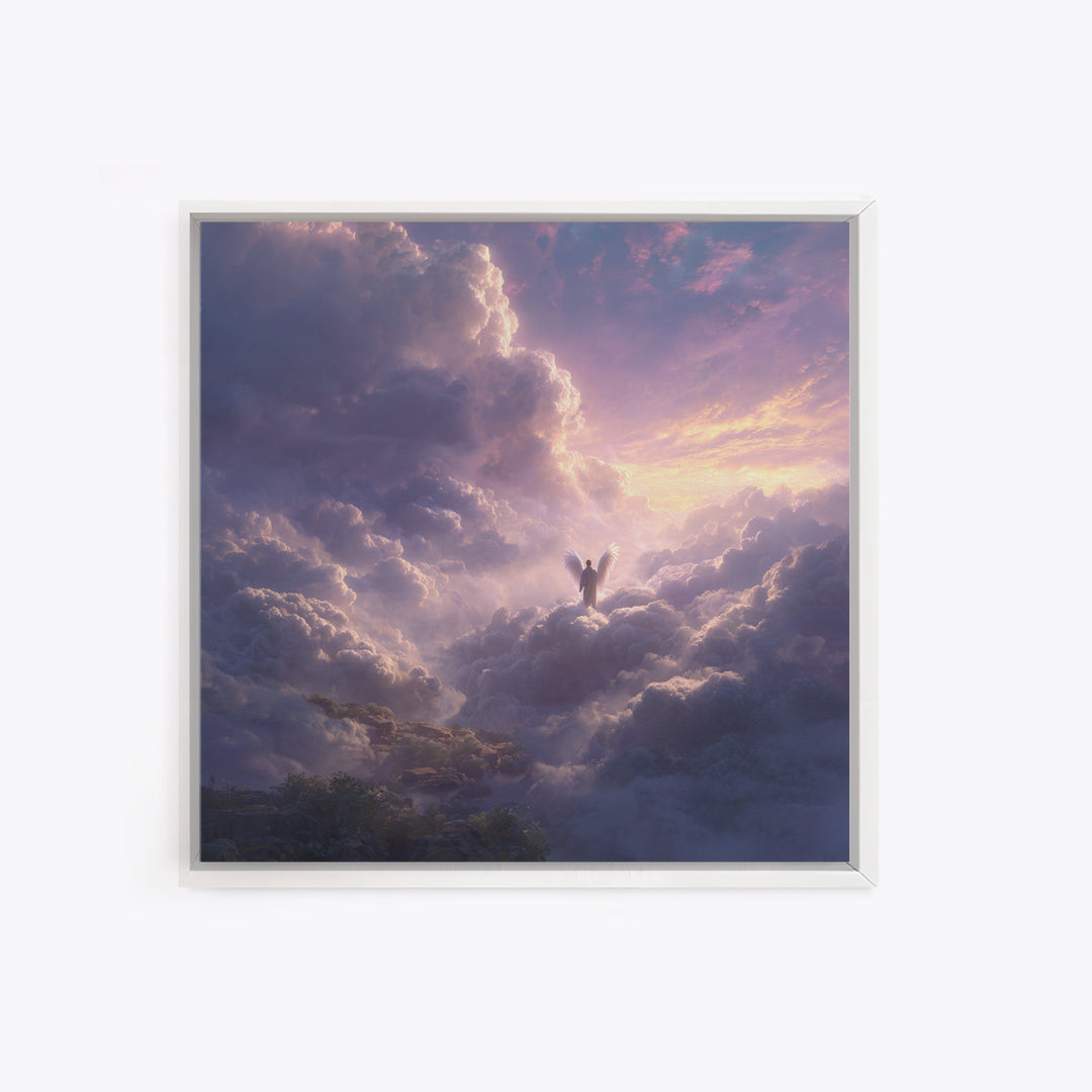 Radiant Angel Above Pastel Clouds Wall Art, Celestial Fantasy Canvas Print, Spiritual Decor, Ethereal Nursery Wall Art, Gift For Her