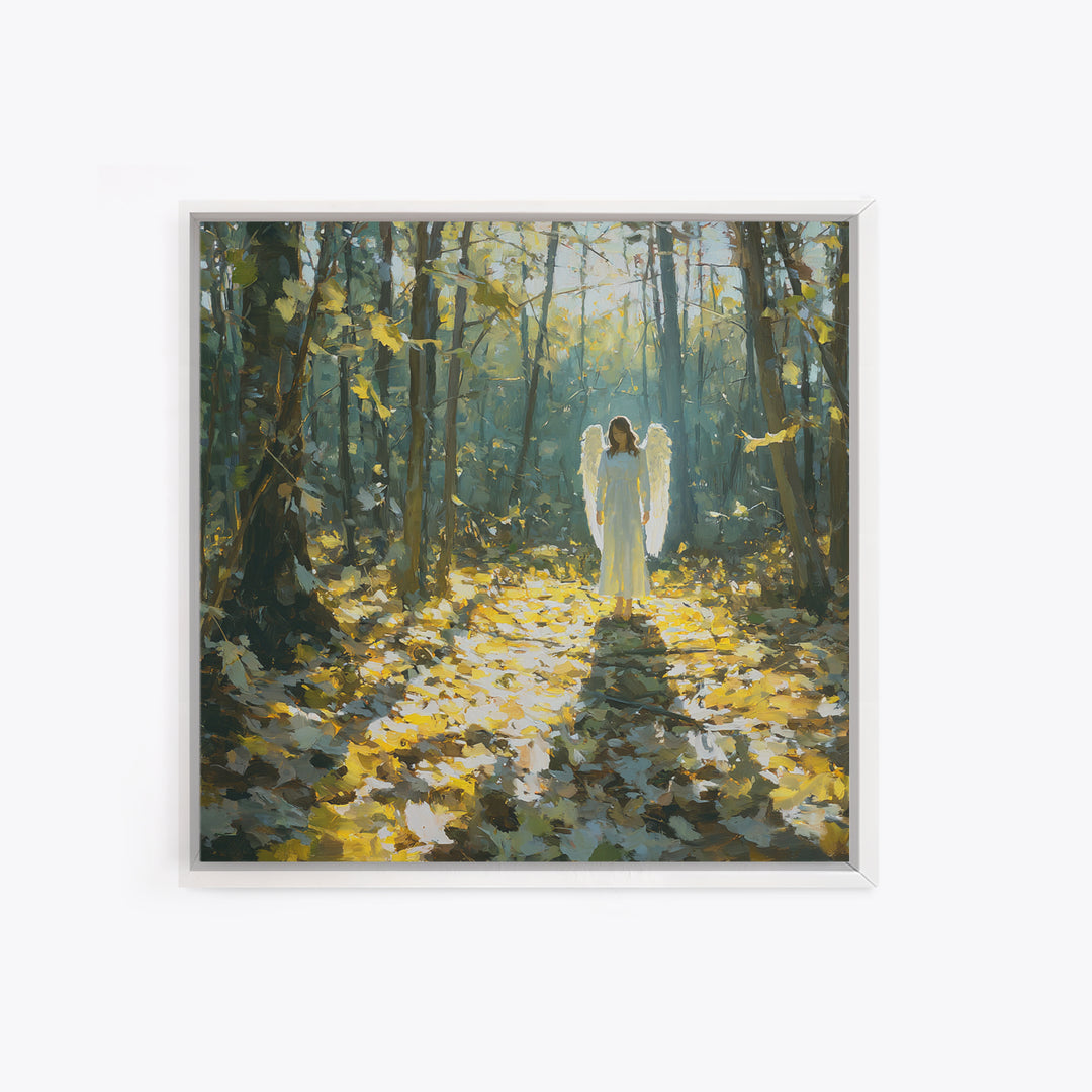 Sunlit Angel In Enchanted Forest Wall Art, Ethereal Christian Canvas Print, Woodland Decor, Spiritual Nursery Art, Calming Decor