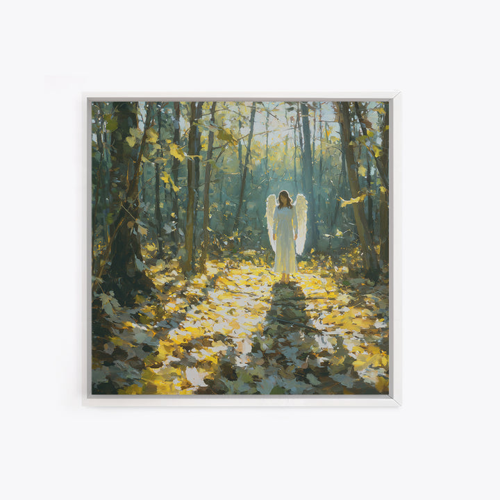 Sunlit Angel In Enchanted Forest Wall Art, Ethereal Christian Canvas Print, Woodland Decor, Spiritual Nursery Art, Calming Decor