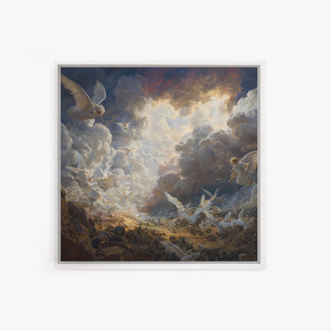 Heavenly Angels In Storm Clouds Canvas Print, Biblical Battle Painting, Christian Wall Decor, Dramatic Renaissance Art Gift