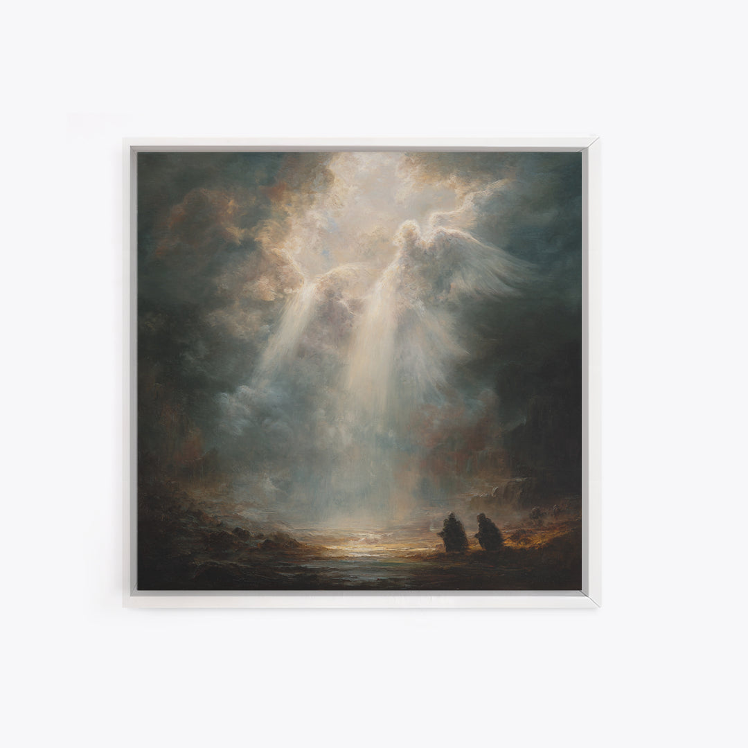 Radiant Angel Emerging From Storm Clouds Framed Canvas Print, Spiritual Wall Art, Religious Home Decor, Prayer Room Gift