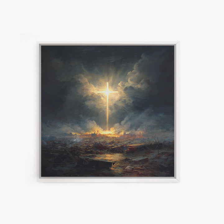 Radiant Cross Over Stormy Battlefield Wall Art, Christian Canvas Print, Dramatic Religious Decor, Spiritual Gift For Home