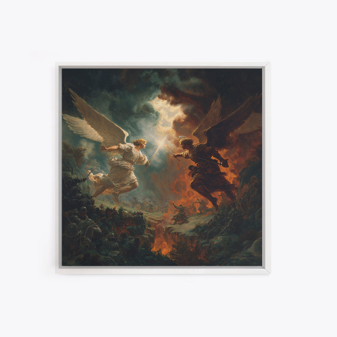 Angel Duel Over Apocalyptic Battlefield Wall Art, Dark Fantasy Framed Canvas Print, Biblical Spiritual Home Decor Gift For Him