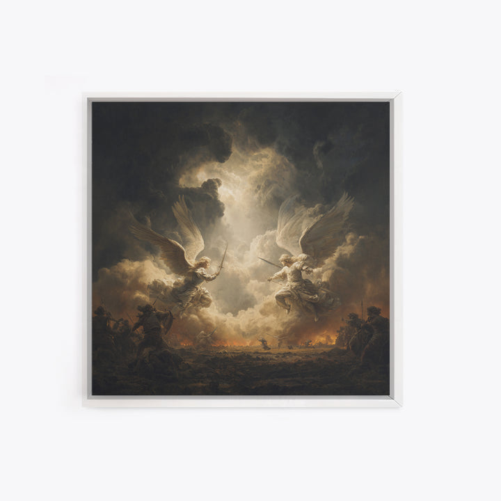 Angelic Battle In Storm Clouds Framed Canvas Print, Dark Baroque Religious Art, Renaissance Wall Decor, Dramatic Fine Art