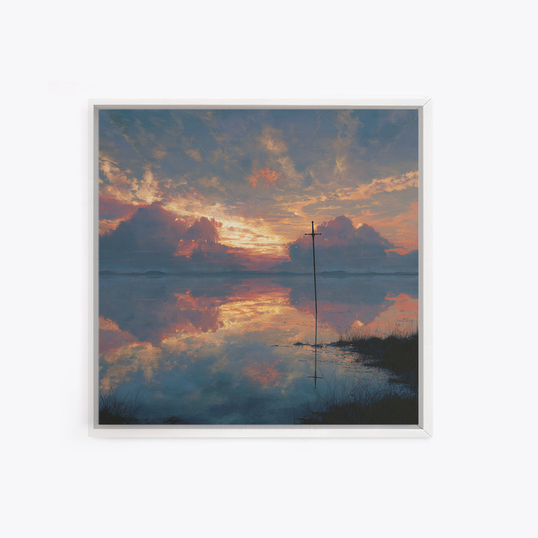 Solitary Cross At Sunset Wall Art, Reflective Lake Landscape Print, Christian Artwork, Spiritual Home Decor, Prayer Room Gift