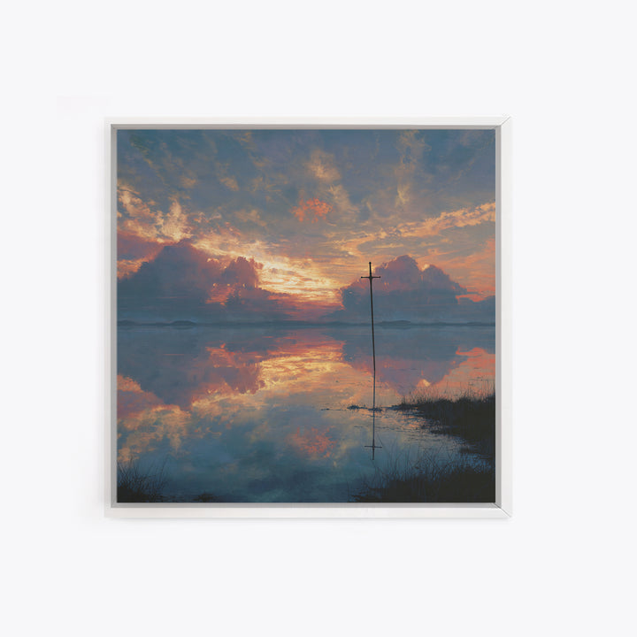 Solitary Cross At Sunset Wall Art, Reflective Lake Landscape Print, Christian Artwork, Spiritual Home Decor, Prayer Room Gift