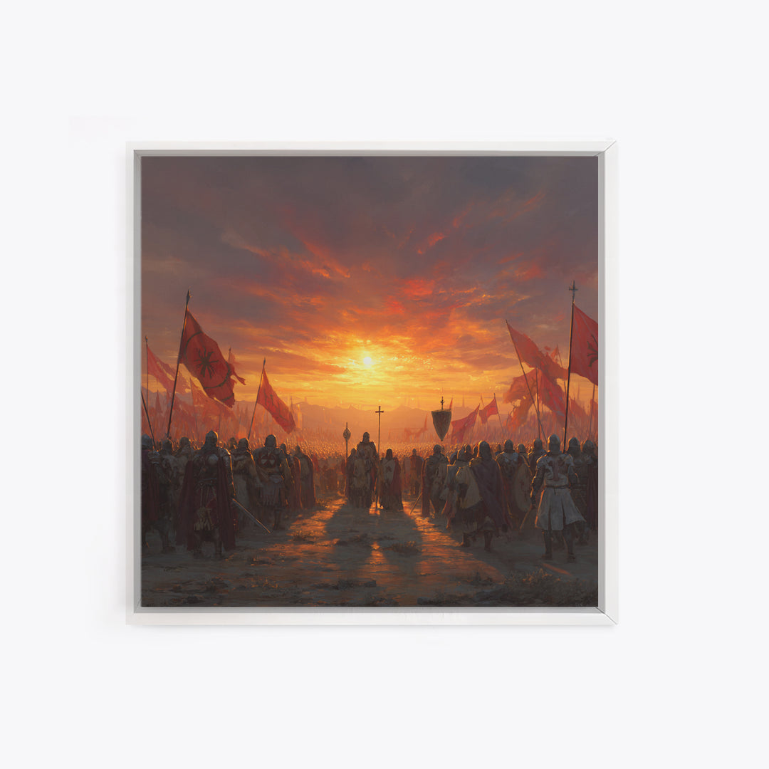 Medieval Army At Fiery Sunset Framed Canvas Print, Crusader Battle Wall Art, Epic Fantasy Decor, Historical Gift For Him