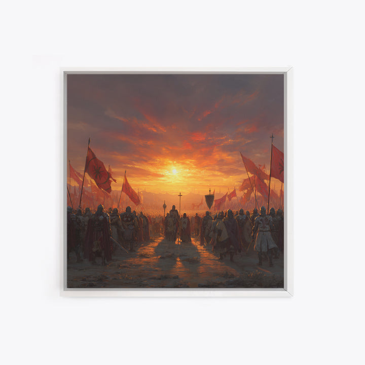 Medieval Army At Fiery Sunset Framed Canvas Print, Crusader Battle Wall Art, Epic Fantasy Decor, Historical Gift For Him