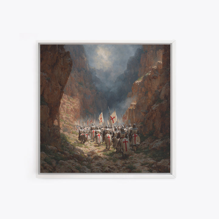 Medieval Knights Marching Through Rocky Canyon Wall Art, Historical Painting Print, Christian Wall Decor, Dramatic Fine Art