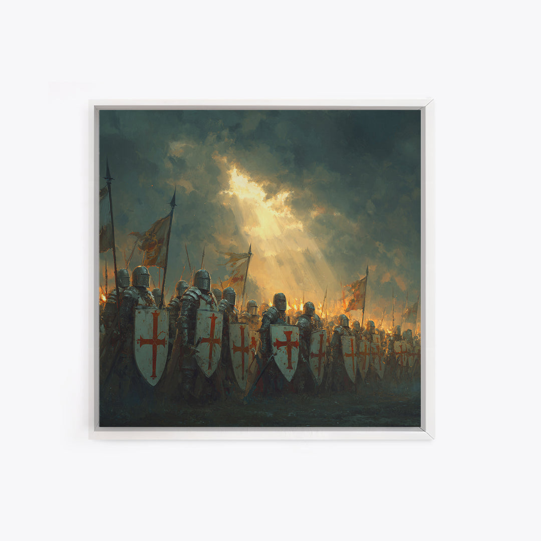 Crusader Knights With Shields Wall Art, Medieval Battle Scene, Religious History Decor, Dark Fantasy Framed Canvas Print