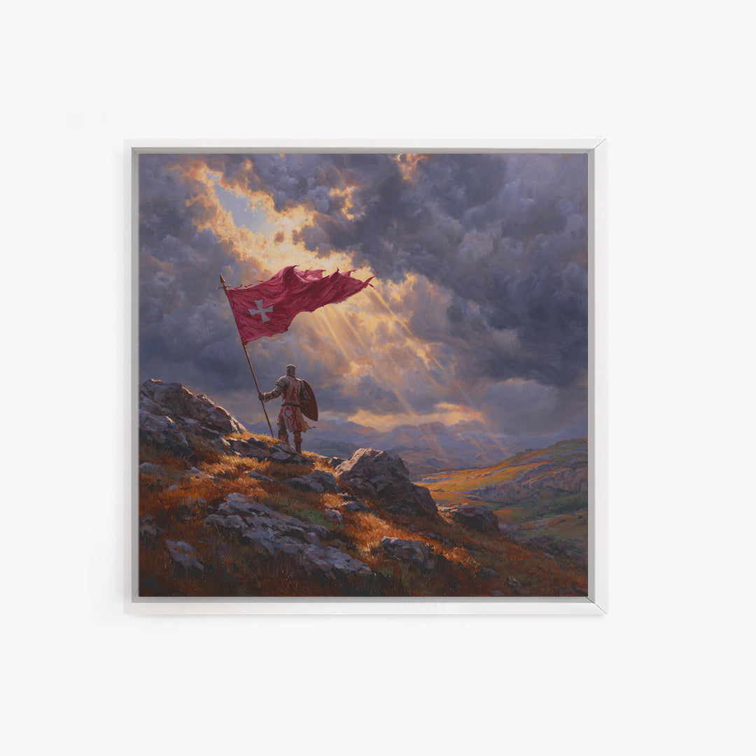 Crusader Knight With Red Flag Framed Canvas Print, Medieval Wall Art, Stormy Mountain Landscape, Christian Warrior Decor