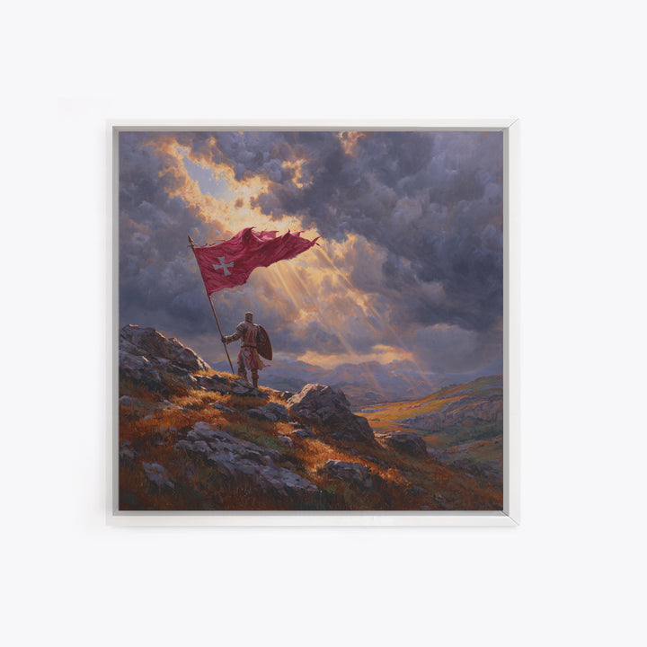 Crusader Knight With Red Flag Framed Canvas Print, Medieval Wall Art, Stormy Mountain Landscape, Christian Warrior Decor