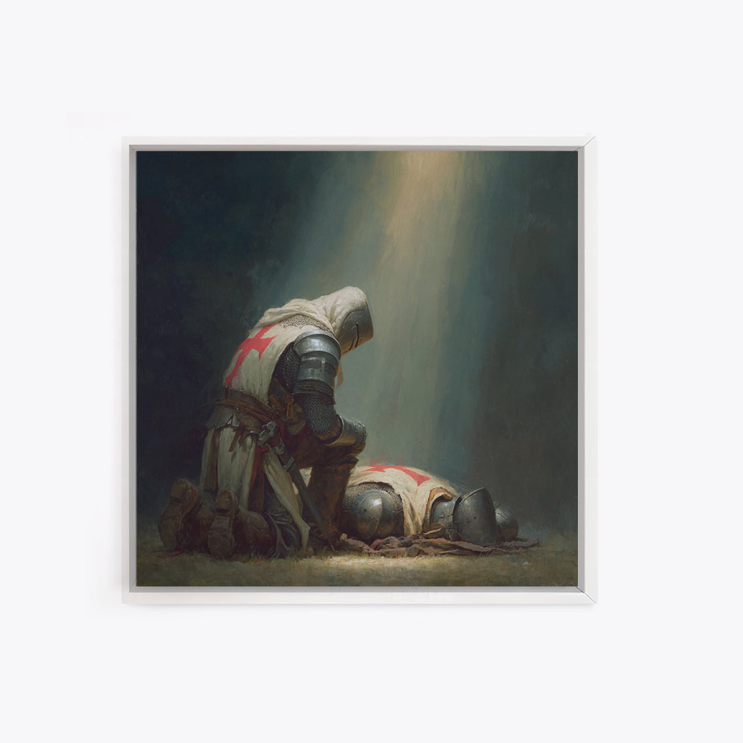 Praying Crusader Knight In Spotlight Canvas Print, Medieval Christian Wall Art, Templar Warrior Decor For Office And Home