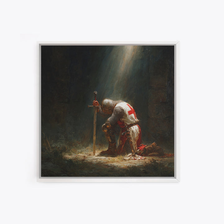 Kneeling Templar Knight In Sacred Light Framed Canvas Print, Medieval Christian Wall Art For Gothic Office Decor Gift Idea