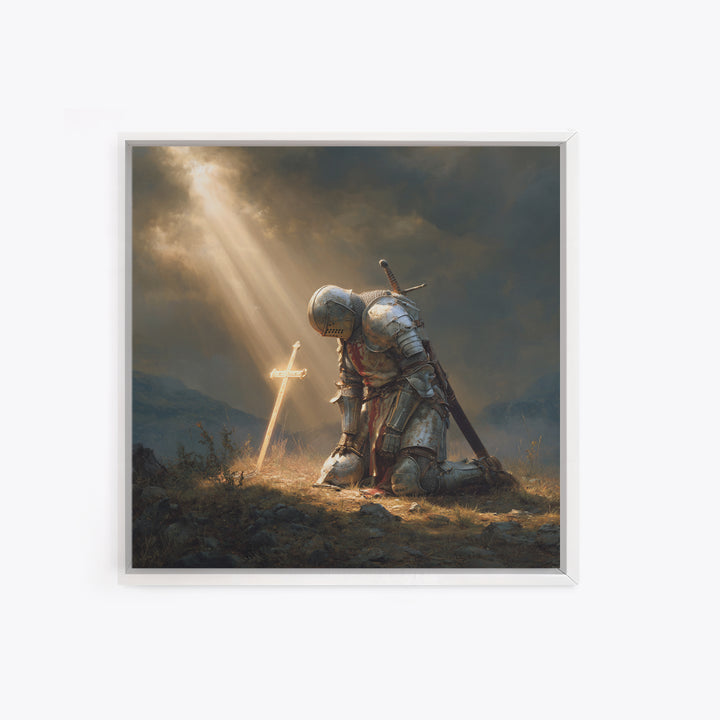 Kneeling Knight Before Glowing Cross Wall Art, Medieval Christian Painting, Inspirational Faith Decor, Gift For Men Poster