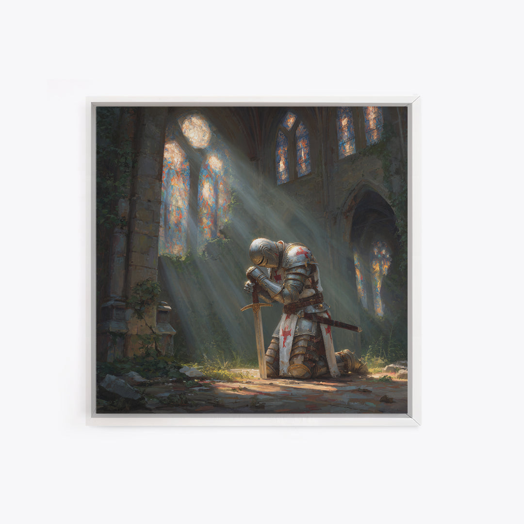 Kneeling Knight In Ruined Cathedral Framed Canvas Print, Medieval Fantasy Wall Art, Christian Decor, Gothic Gift For Him