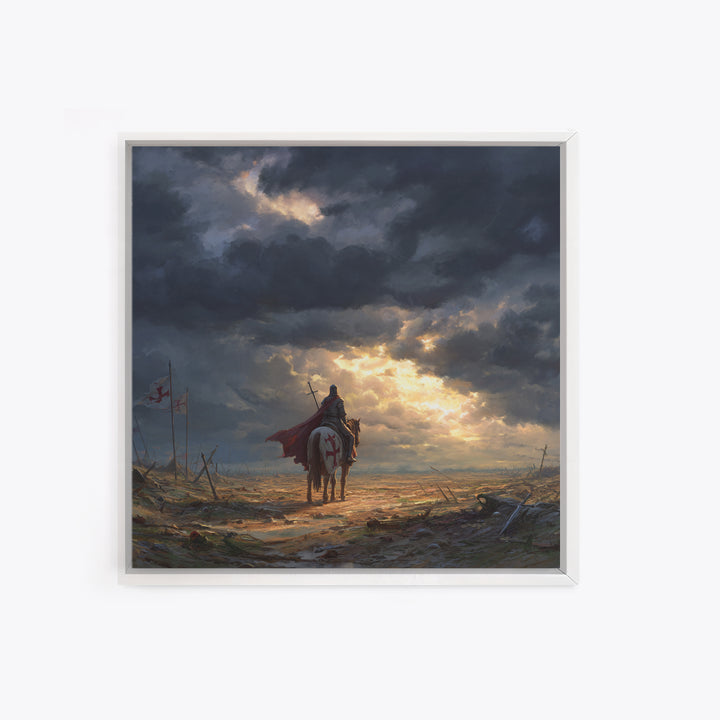 Templar Knight On Horse In Stormy Battlefield Wall Art, Medieval Landscape Art, Gothic Wall Decor, Epic Fantasy Gift For Him