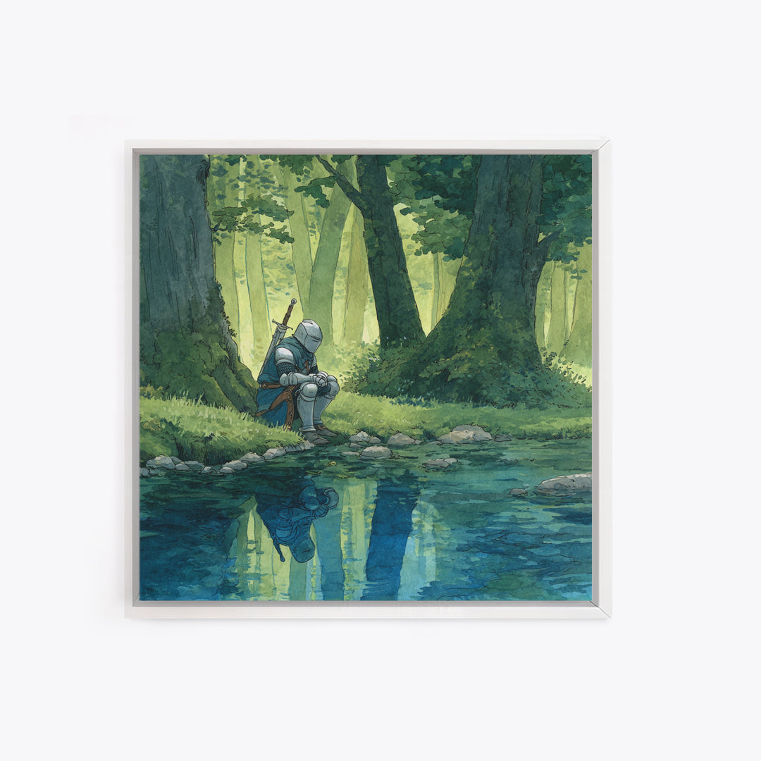 Solitary Knight Resting Beside Forest Stream Wall Art, Fantasy Art Print, Medieval Decor, Woodland Landscape, Gift For Him