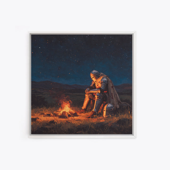 Solitary Knight By Campfire Wall Art, Starry Night Fantasy Canvas Print, Medieval Decor, Dark Academia Gift For Him, Moody Wall Decor