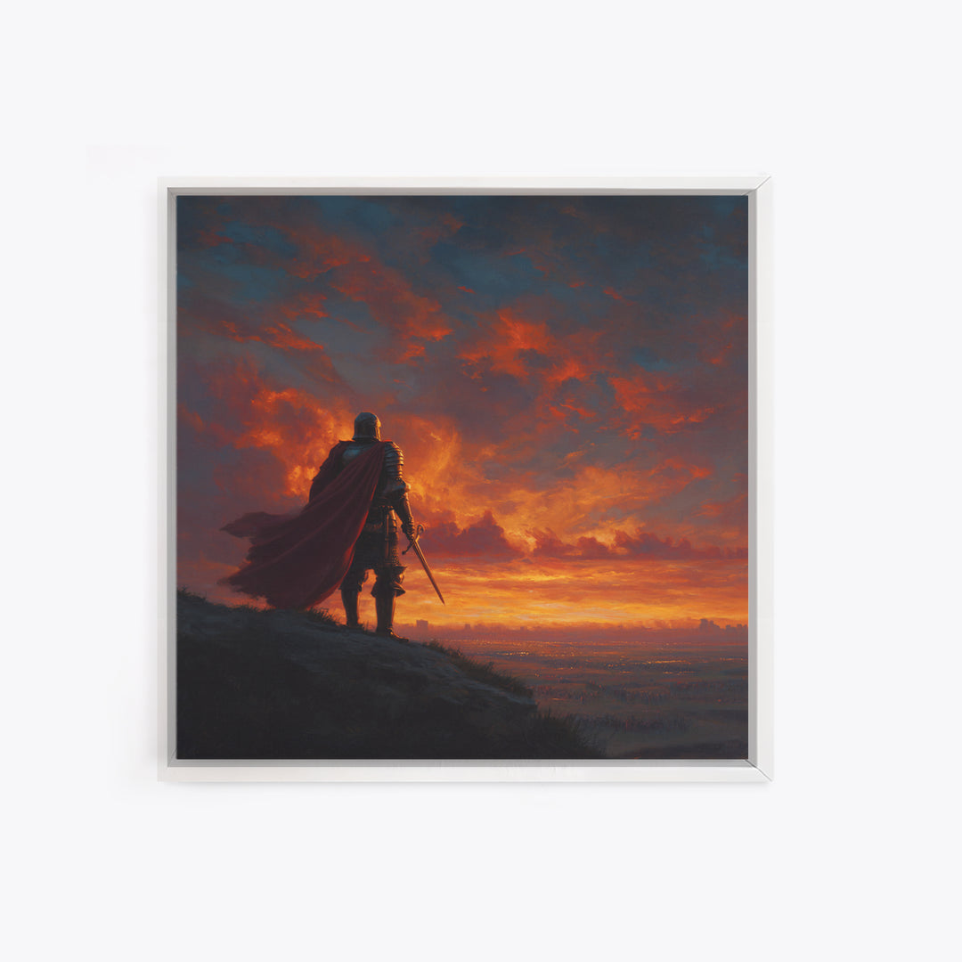 Lone Knight At Fiery Sunset Wall Art, Medieval Fantasy Warrior Canvas Print, Dramatic Landscape For Masculine Home Decor