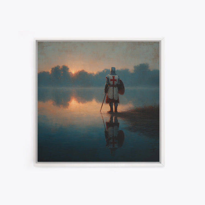 Lone Crusader Knight At Misty Lake Wall Art, Medieval Landscape Painting, Dark Academia Decor, Historical Framed Canvas Print