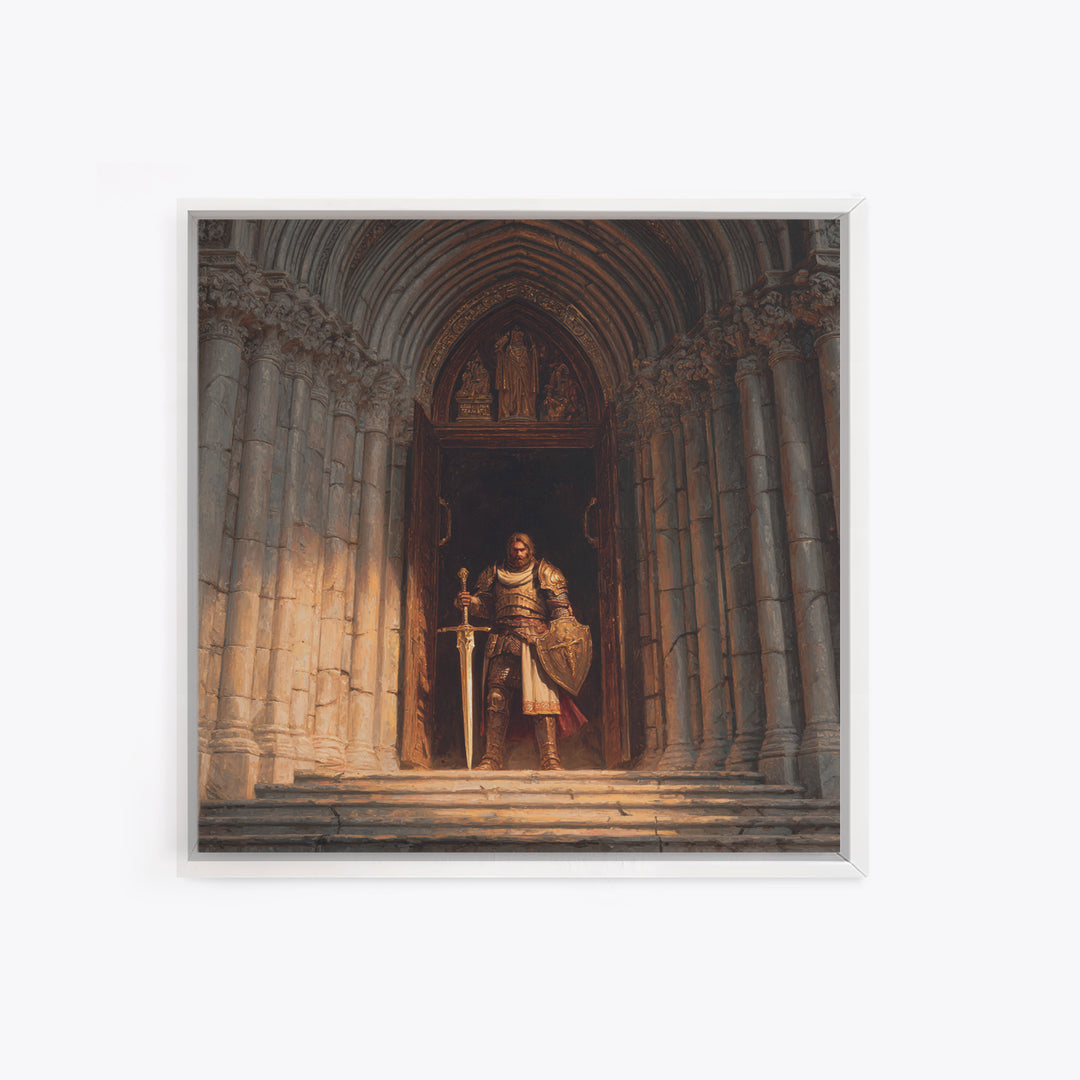 Armored Knight At Gothic Cathedral Canvas Print, Medieval Fantasy Wall Art For Castle Decor And Dark Academia Office Decor